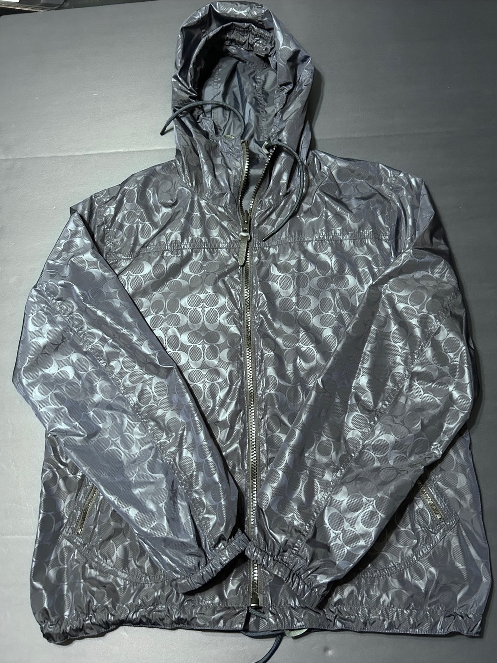 Coach Jacket Mens Large Blue Reversible Hooded Signature C Windbreaker Zip
